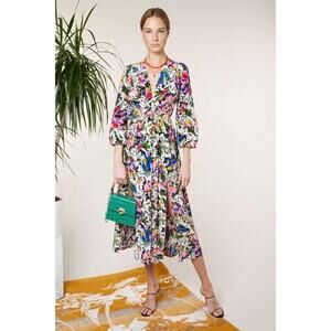 RIXO Camellia Floral Dress XS Silk Colorful Pleated‎ Midi Long Sleeve Chic Sexy
